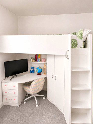 White bunk bed with built - bunk,