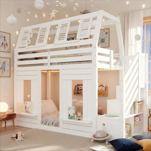Wooden house bunk bed - house, w/